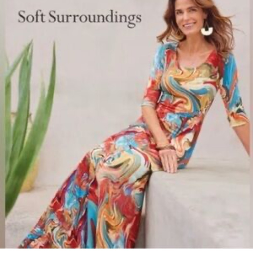 Soft Surroundings Vibrant Swirl Maxi Dress Leslie Scoop Neckline xsmall